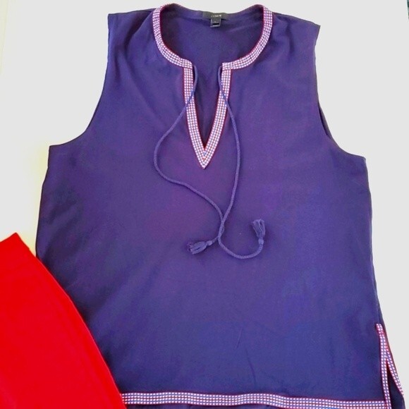 J. CREW BLUE EMBROIDERED TRIM TASSEL SLEEVELESS TOP LARGE - Picture 4 of 12